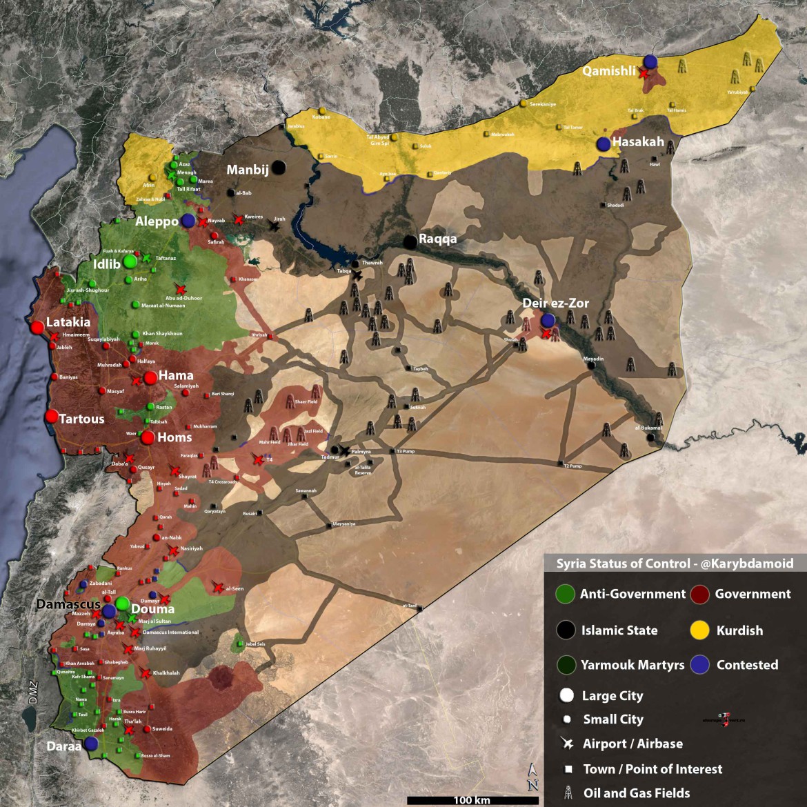 Подробна карта расположения сторон Сирийского конфликта по состоянию на 09.08.2015 года