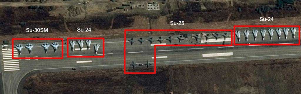 Расшифровка спутникового снимка с российскими самолетами в Сирии: 12 штук СУ-24, 12 штук СУ-25, 4 штуки СУ-30