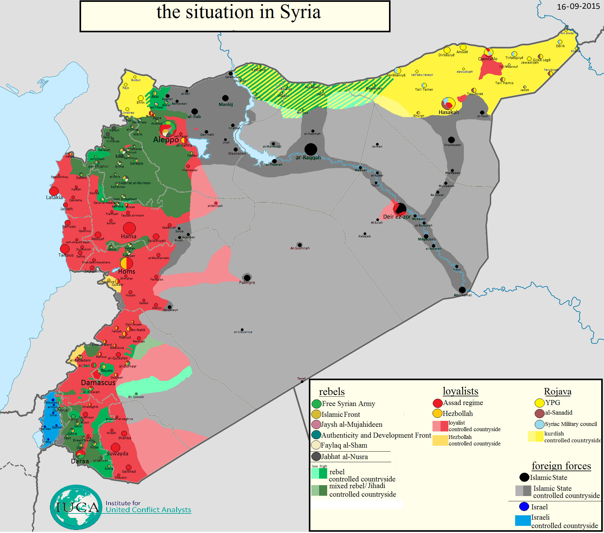 Карта расположения сторон в Сирии: ИГИЛ, оппозиция, Асадисты, курды по состоянию на 16.09.2015 