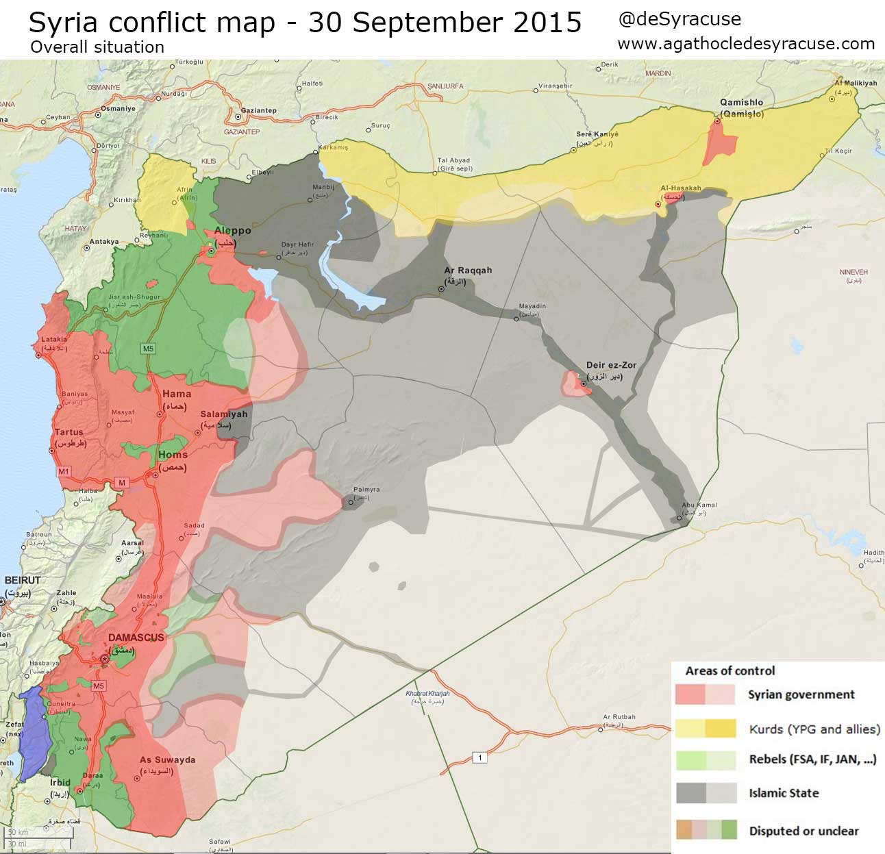 Карта расстановки сил в Сирии: ИГИЛ, оппозиция, Асадисты, курды по состоянию на 30 сентября 2015 года