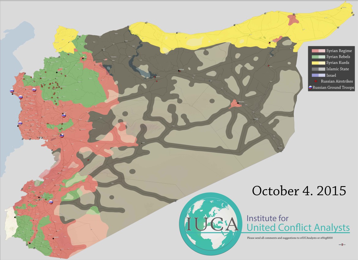 Подробная карта Сирии с расстановкой всех сил конфликта (Асад, ИГИЛ, оппозиция, курды) и мест нанесения авиаударов российских войск октябрь 2015 года