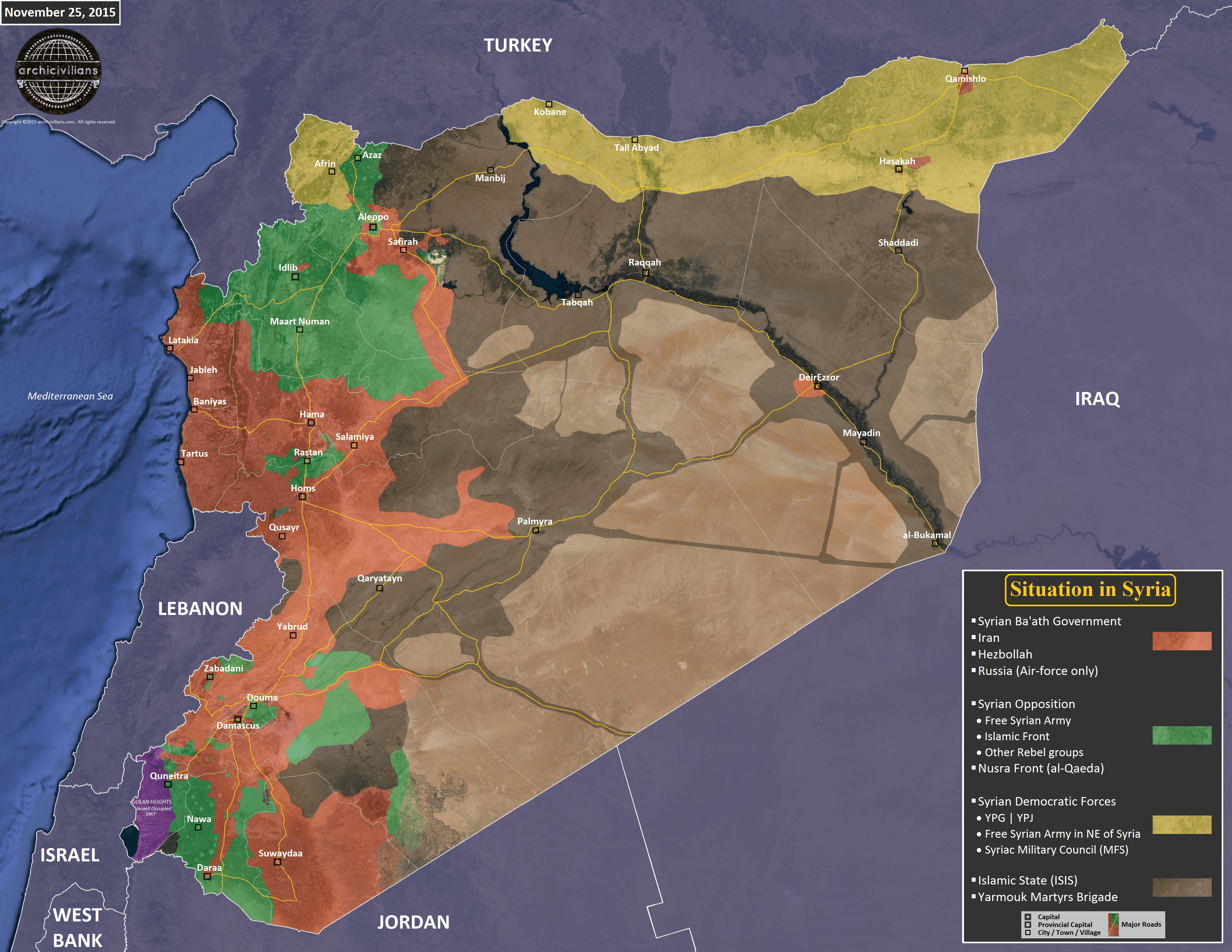 Карта Сирии по состоянию на 25 ноября 2015 года, расположение сторон конфликта (ИГИЛ, Асад, сирийская оппозиция, курды)