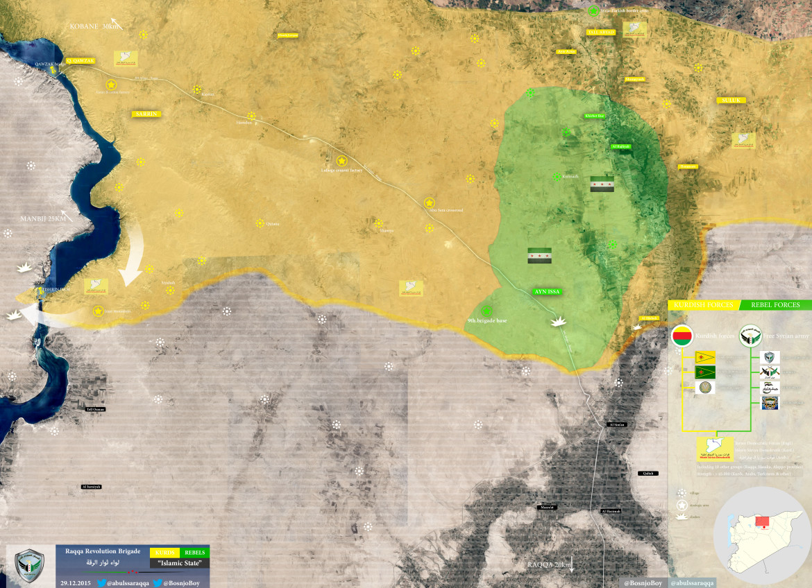 Территория Сирии которая находится под контролем SDF (курды и сирийская оппозиция) в провинция Ракка, Кобани, Хасака.