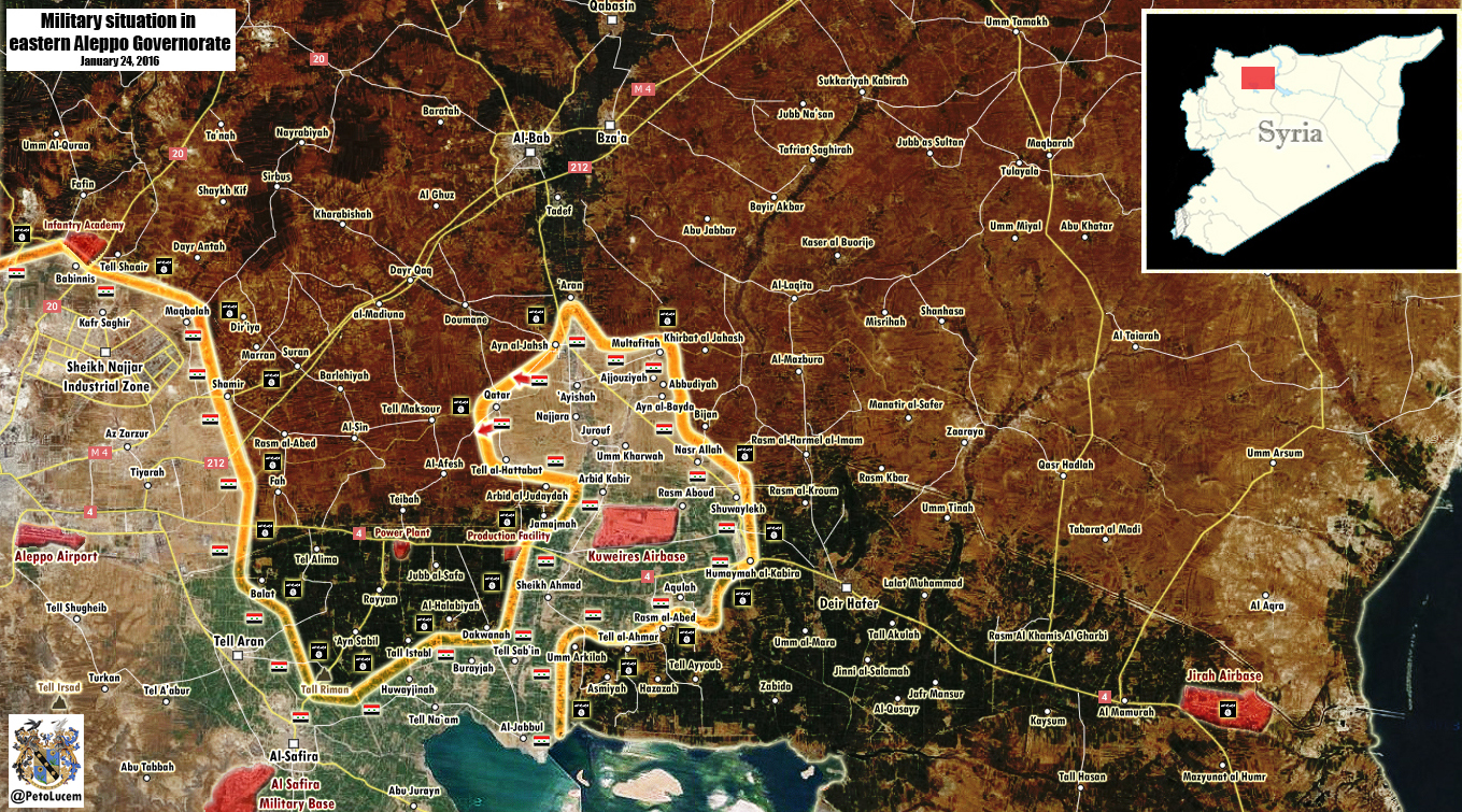 Карта: продвижение сил режима Асада в районе Алеппо, против ИГИЛ
