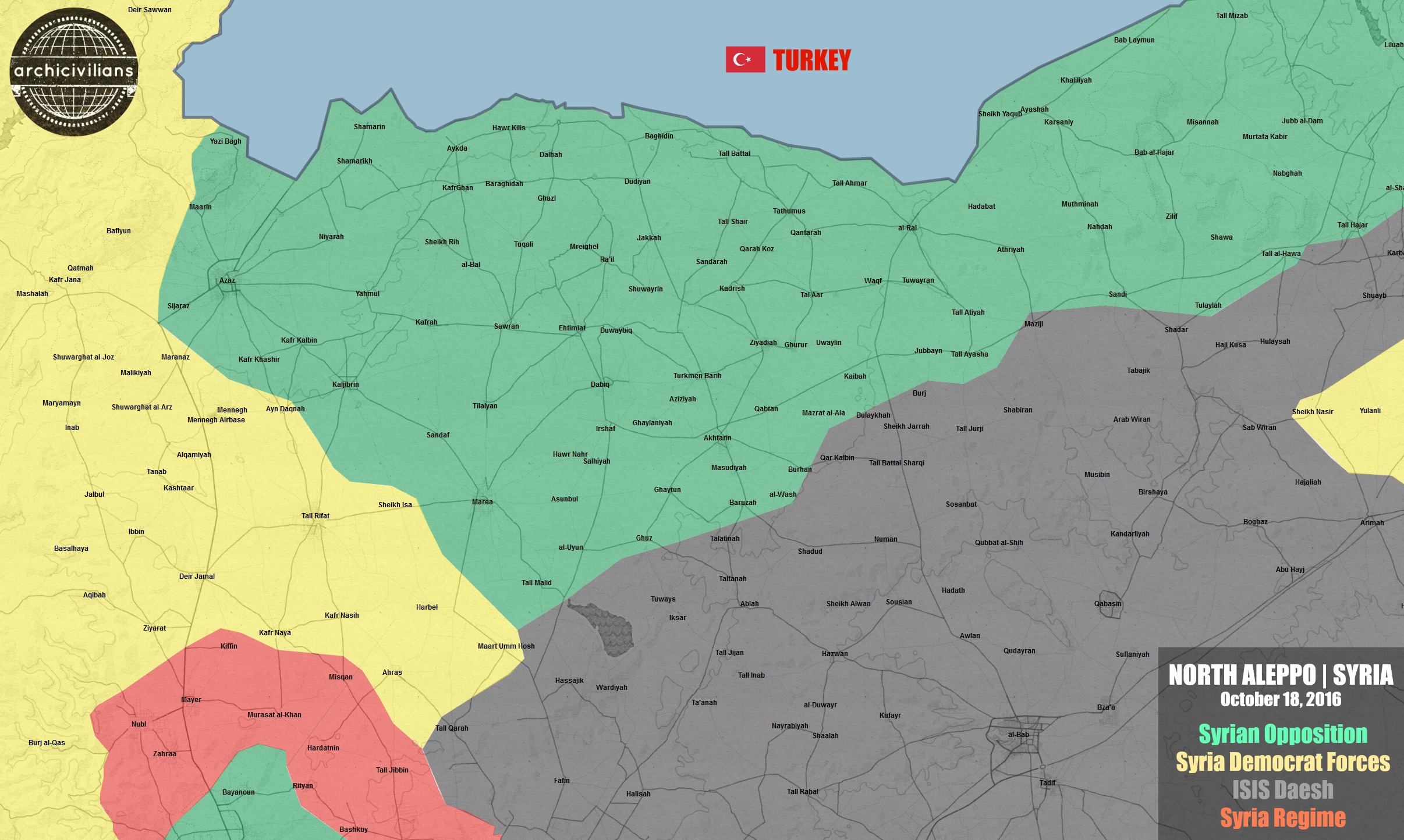 Карта захваченных территории в Северном Алеппо в результате наступления FSA и турецкой армии.