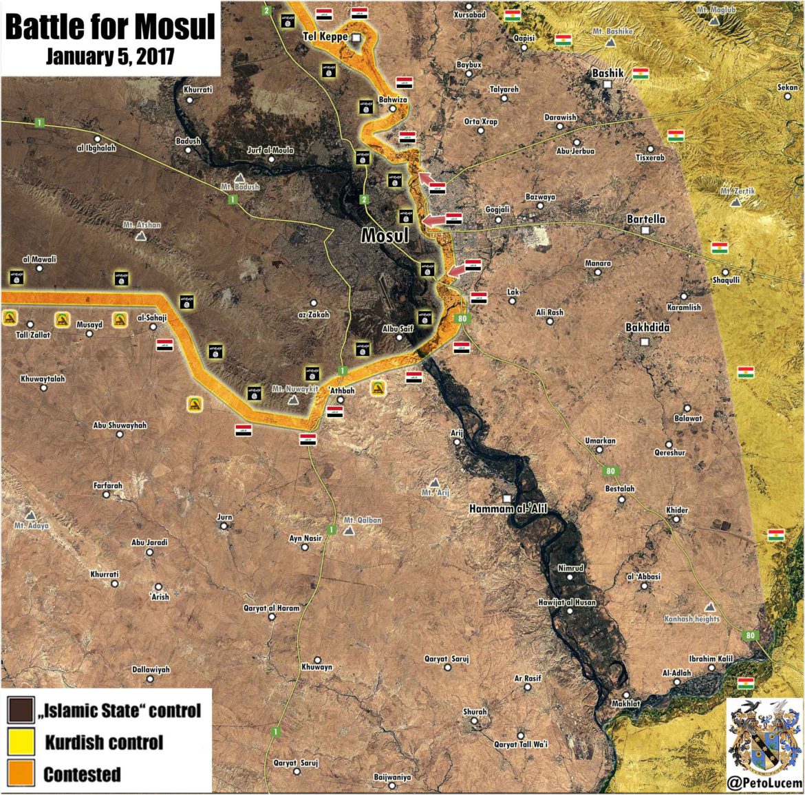 Карта Мосула, Ирак, по состоянию на 06.01.2107 года