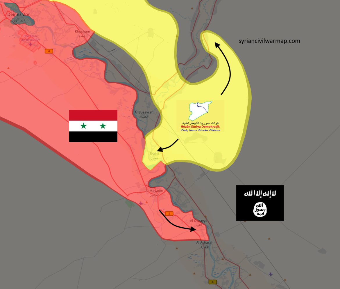 Карта, основные наступательные движения SDF и Асадистов по состоянию на 22.10.2017
